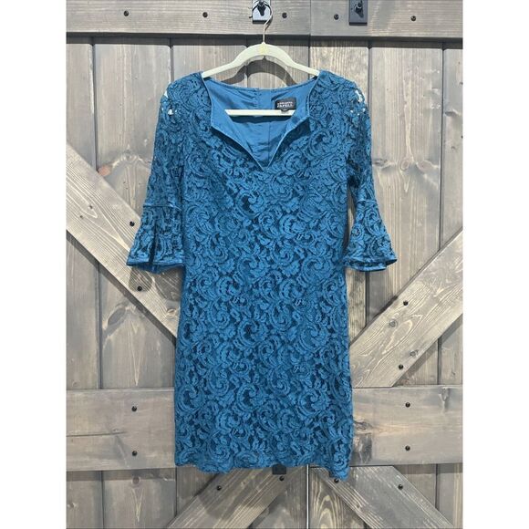 Adrianna Papell Sheath Dress Teal Blue Lace 3/4 Bell Sleeve Wedding Size 4 - Picture 2 of 10